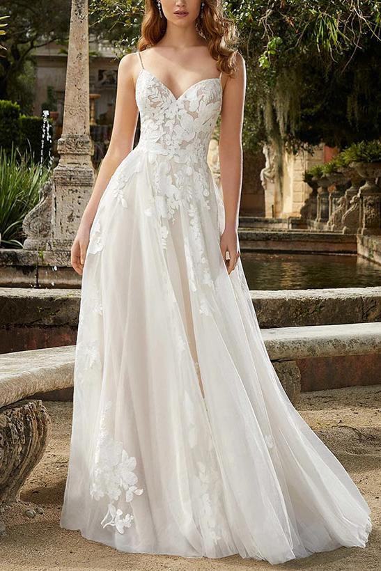 Tulle V Neck Spaghetti Straps Wedding Dress