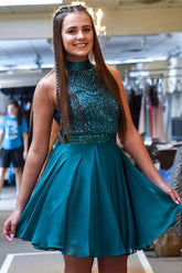 Turquoise Homecoming Dress Halter Open Back Short Prom Dress with Sequin