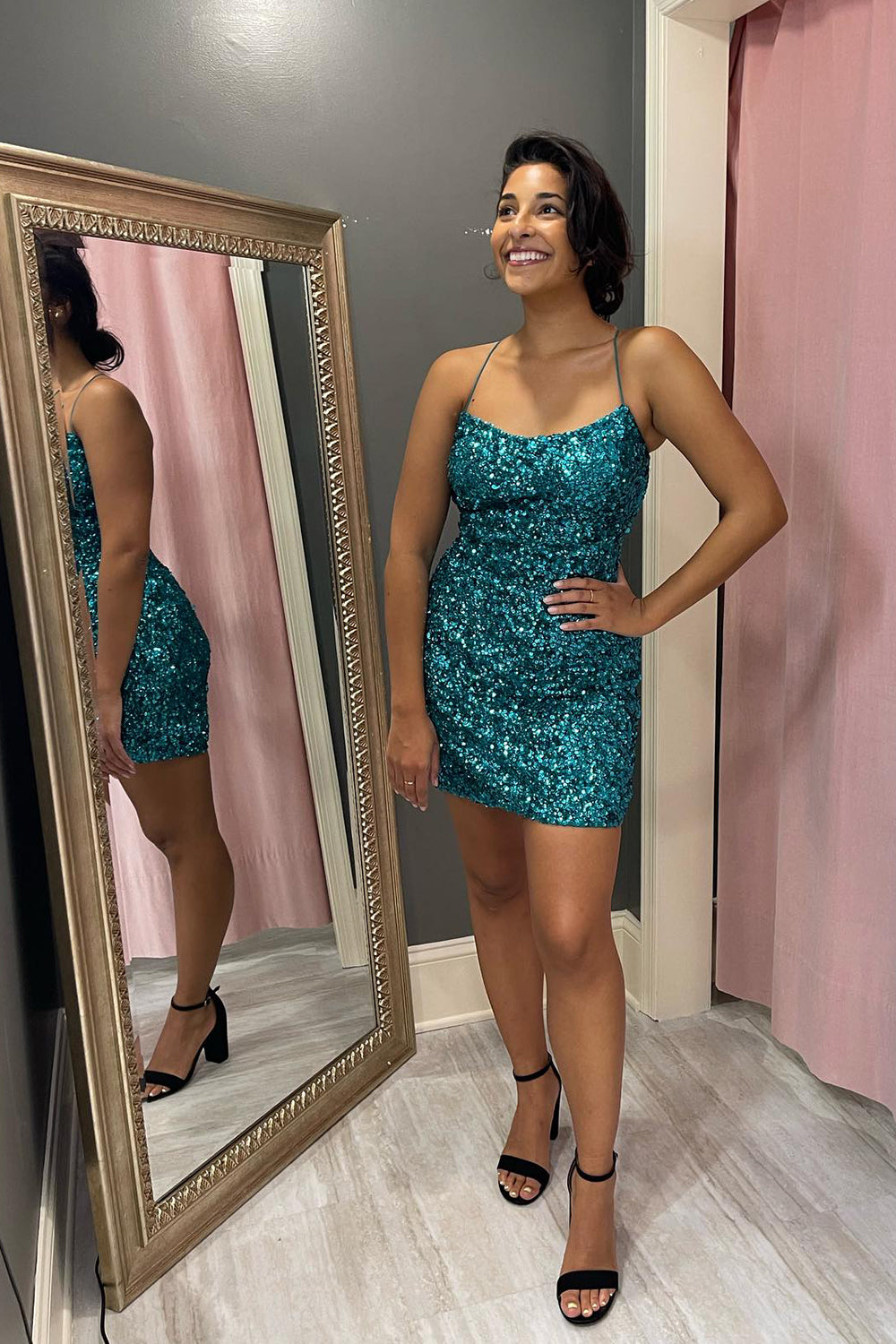 Turquoise Homecoming Dress Sequined Tight Short Prom Dress