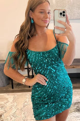Turquoise Homecoming Dress Tight Sequin Short Prom Dress with Fringes