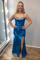 Turquoise Prom Dress Mermaid Spaghetti Straps Metallic Long Formal Dress With Slit