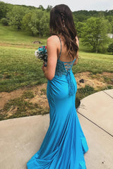 Turquoise Prom Dress Spaghetti Straps Mermaid Long Corset Evening Dress with Slit