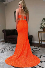 Two Piece Orange Prom Dress Sequined Mermaid Evening Dress with Slit