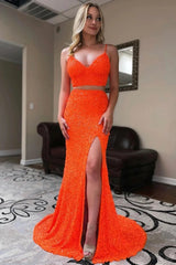 Two Piece Orange Prom Dress Sequined Mermaid Evening Dress with Slit