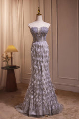 Unique Prom Dress Sweetheart Neck Mermaid Gray Long with BeadedEvening Dress
