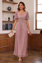 Unique V Neck A Line Ankle Length Mother of the Bride Dresses with Ruffles and Short Sleeves