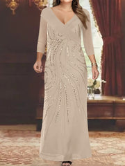 V Neck 3/4 Sleeve Long Sequined Mother of the Bride Sheath Dress