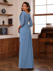 V Neck 3/4 Sleeve Long Sheath Column Mother of the Bride Dress with Ruffles & Appliques