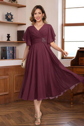 V Neck A Line Dresses with Ruched Pleats and Jewel Appliques for Mothers of the Bride & Groom
