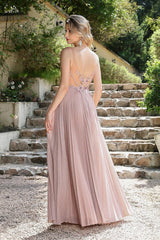 V Neck A Line Formal Dress Sleevelss Prom Evening Dress with Lace Appliques