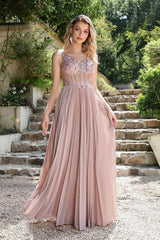 V Neck A Line Formal Dress Sleevelss Prom Evening Dress with Lace Appliques