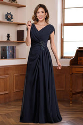 V Neck A Line Long Dresses for Mothers of the Bride & Groom with Ruched Pleats Jewel Appliques & Sequins