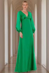 V Neck A Line Long Mother of the Bride Dress with Long Sleeves and Ruffles