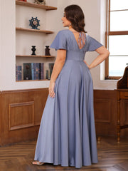 V Neck A Line Long Mother of the Bride Dress with Short Sleeves and Ruffles