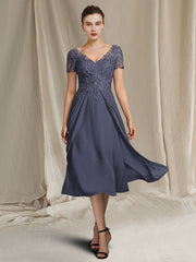 V Neck A Line Tea Length Dresses for the Mother of the Bride