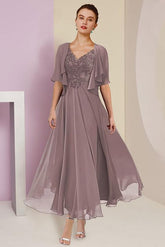 V Neck A Line Tea Length Dresses for the Mother of the Bride
