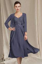 V Neck A Line Tea Length Dresses for the Mother of the Bride