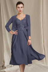 V Neck A Line Tea Length Dresses for the Mother of the Bride