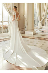 V Neck A Line Wedding Dress With Lace Short Sleeves Court Train Elastic Satin