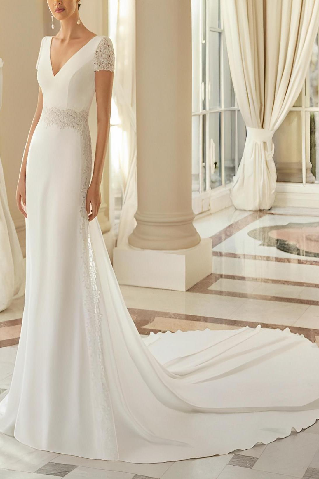 V Neck A Line Wedding Dress With Lace Short Sleeves Court Train Elastic Satin