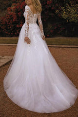 V Neck A Line Wedding Dress With Long Sleeves Lace/Tulle and Appliques Lace