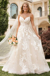 V Neck A Line/Princess Tulle Lace Wedding Dress With Appliques Lace