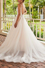 V Neck Ball Gown Wedding Dress With Lace/Tulle Sweep Train and Appliques