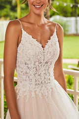 V Neck Ball Gown Wedding Dress With Lace/Tulle Sweep Train and Appliques