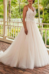 V Neck Ball Gown Wedding Dress With Lace/Tulle Sweep Train and Appliques