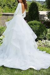 V Neck Ball Gown Wedding Dress with Long Sleeves and Cascading Ruffles in Satin/Organza