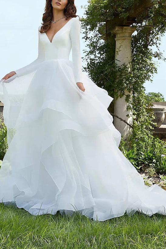 V Neck Ball Gown Wedding Dress with Long Sleeves and Cascading Ruffles in Satin/Organza