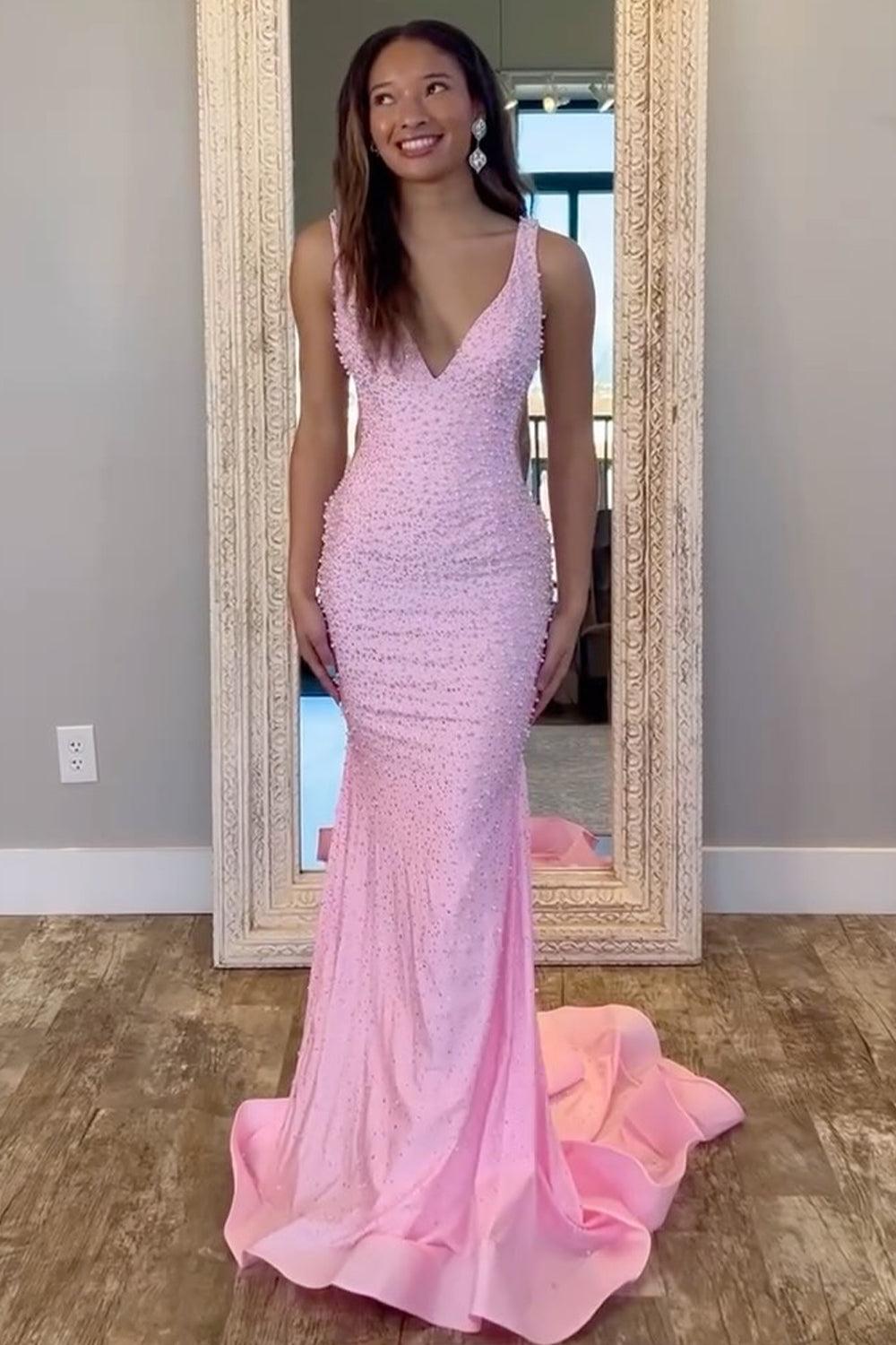 V-Neck Beaded Mermaid Prom Dress With Side Illusion Formal Evening Gown