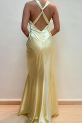 V-Neck Cross Back Yellow Satin Prom Gown With Ruched Detailing Formal Evening Gown