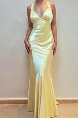 V-Neck Cross Back Yellow Satin Prom Gown With Ruched Detailing Formal Evening Gown