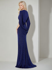 V Neck Long Mother of the Bride Sheath Dress With Three Quarter Sleeves and Ruffles
