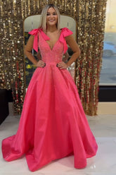V-Neck Fuchsia Prom Dress A-Line Formal Dress With Bows