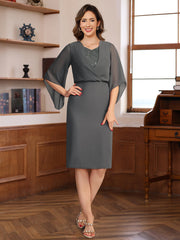 V Neck Half Sleeve Knee Length Sheath Column Dress with Sequins for Mothers