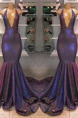 V Neck Halter Mermaid Evening Dress with Sequins