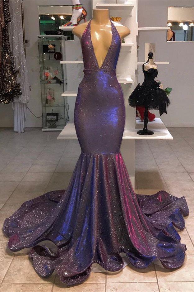 V Neck Halter Mermaid Evening Dress with Sequins