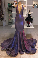 V Neck Halter Mermaid Evening Dress with Sequins