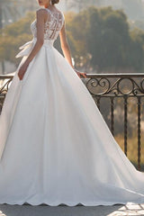 V Neck Lace Satin Ball Gown Wedding Dress