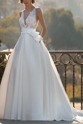 V Neck Lace Satin Ball Gown Wedding Dress