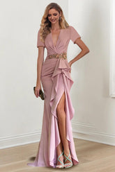 V Neck Long Mermaid Trumpet Mother of the Bride Dresses with Ruffles