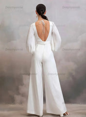 V Neck Long Sleeves Ankle Length Stretch Satin Wedding Jumpsuit