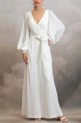 V Neck Long Sleeves Ankle Length Stretch Satin Wedding Jumpsuit