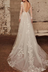 V Neck Long Sleeves Court Train Lace/Tulle Wedding Dress