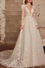 V Neck Long Sleeves Court Train Lace/Tulle Wedding Dress