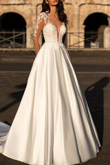 V Neck Long Sleeves Satin Wedding Dress With Appliques Lace