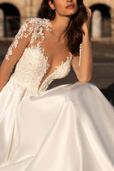 V Neck Long Sleeves Satin Wedding Dress With Appliques Lace
