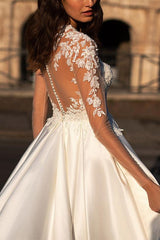 V Neck Long Sleeves Satin Wedding Dress With Appliques Lace